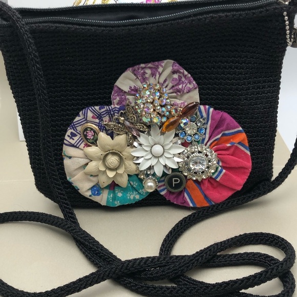 The Sak Black Crocheted Crossbody Custom Embellished,Jewelry,Fabric Vintage Bag - Picture 3 of 17